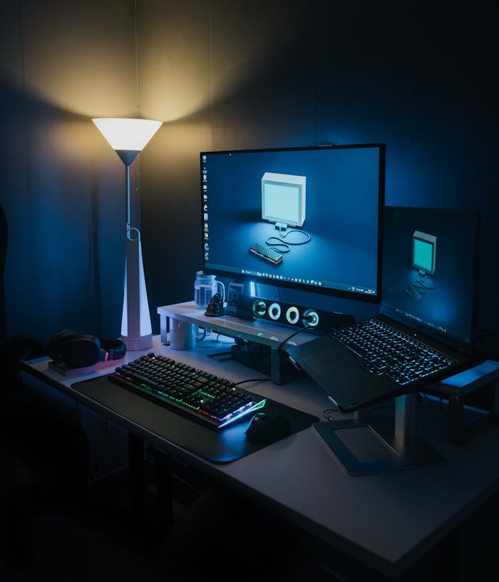 digital A stylish home office featuring a desktop, laptop, and ambient lighting. Ideal for tech professionals.